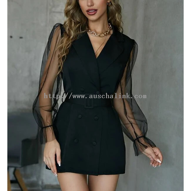 High quality contrast color lapel double breasted mesh sleeve blazer work dress for women