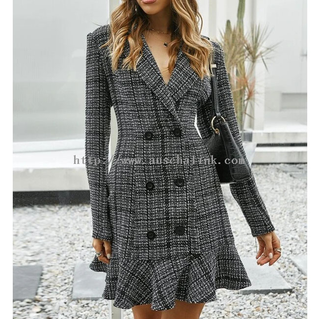 Autumn/winter New Double-breasted V-neck Flounces Plaid Professional Dress for Women