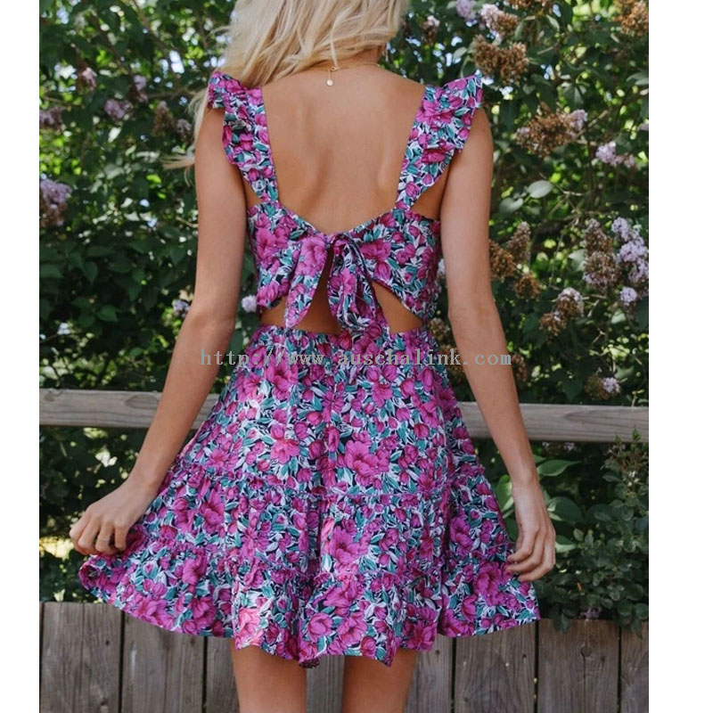 2022 Summer Sleeveless Floral Print Flounce Self-tying Backless Mini Casual Dress for Women