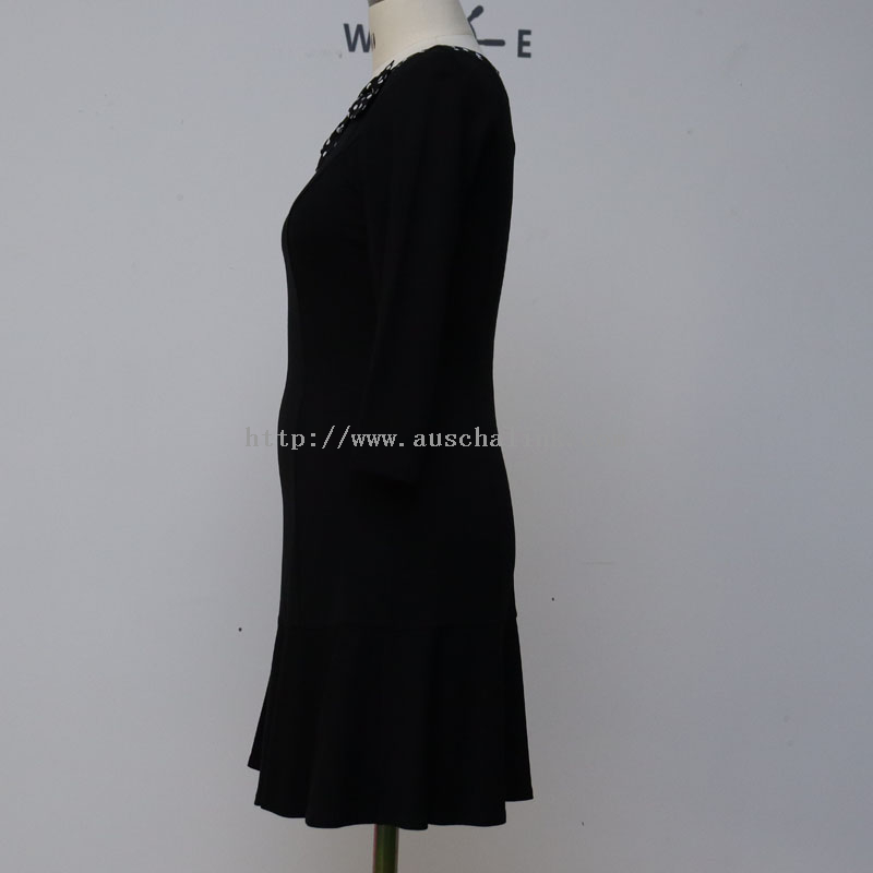 New Fashion Black Long Sleeves Bow Collar High Waist Flared Casual Dress for Women