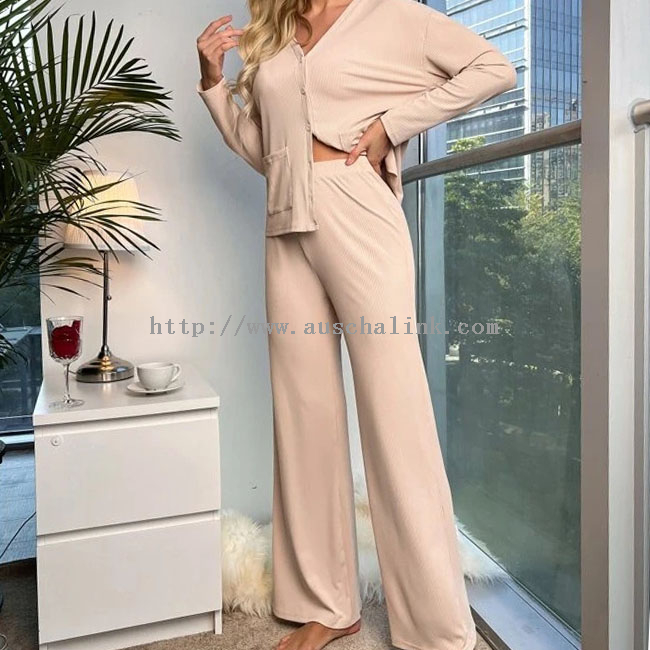 High Quality V-neck Long Sleeve Pocket Button Off Shoulder Casual Two Piece Suit for Women