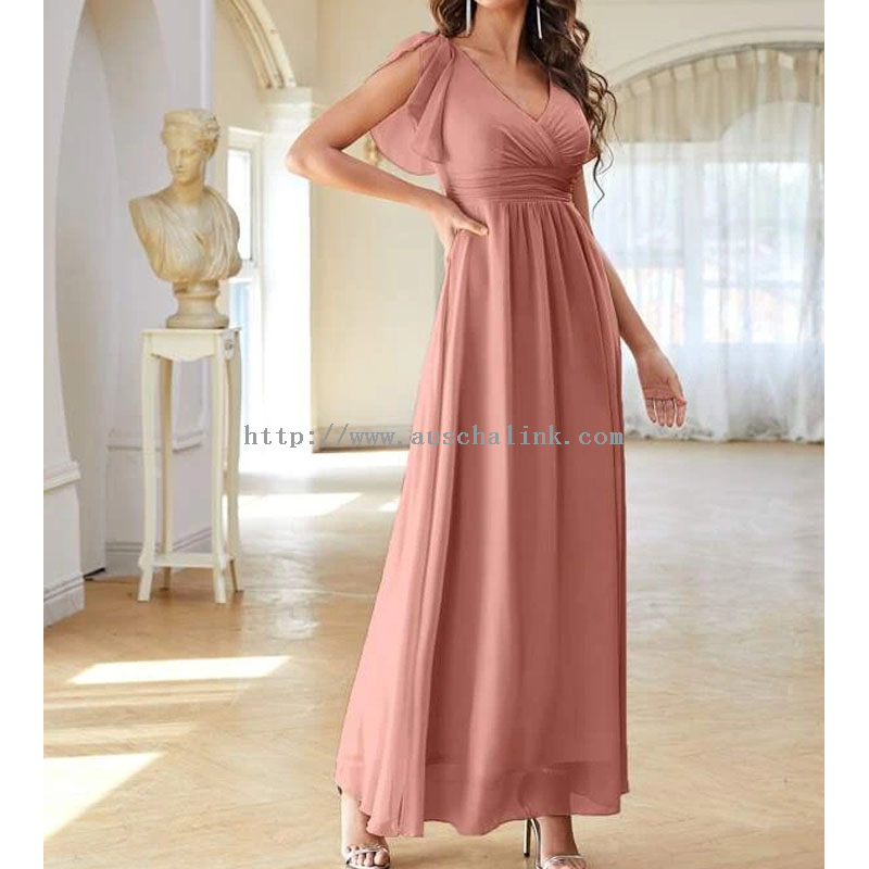 High Quality Short Sleeve V Collar Pleated Front Butterfly Sleeve Chiffon Elegant Ball Gown for Women