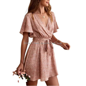 2022 Summer Full-body Floral Pleated Collar Butterfly Sleeve V-neck Belt Casual Dress for Women