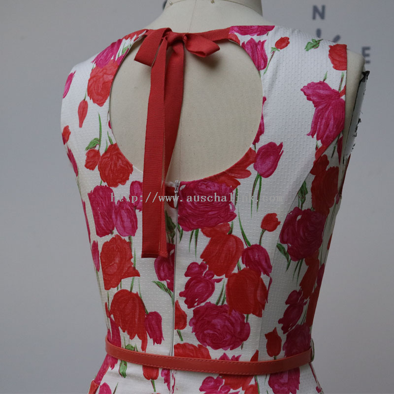 OEM/ODM Sleeveless V-neck Printed Waist Back Flared Elegant Casual Dress for Women