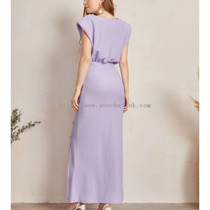 New Round Collar Sleeveless Solid Color Button Detail Slit Hem Professional Dress for Women