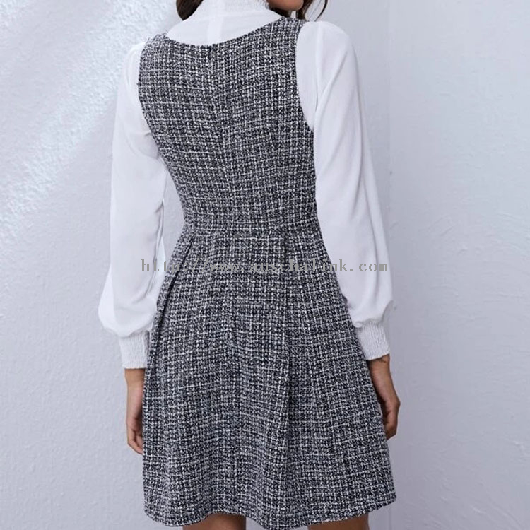 2022 New Zipper round neck Tweed pleated mini one-piece professional Dress for women