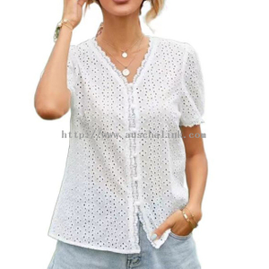 New Design Pure Cotton White Eyelet Embroidered V-neck Bubble Sleeve Casual Top for Women