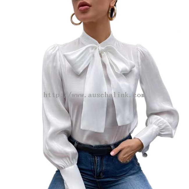 Custom Spring And Autumn Long Sleeve Lace Bubble Sleeve Satin Blouse for Women