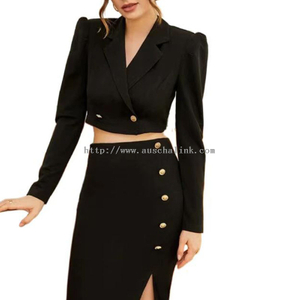 2022 New Bubble Sleeve Short Suit Jacket And Fake Button Slit Skirt Two-piece Suit for Women