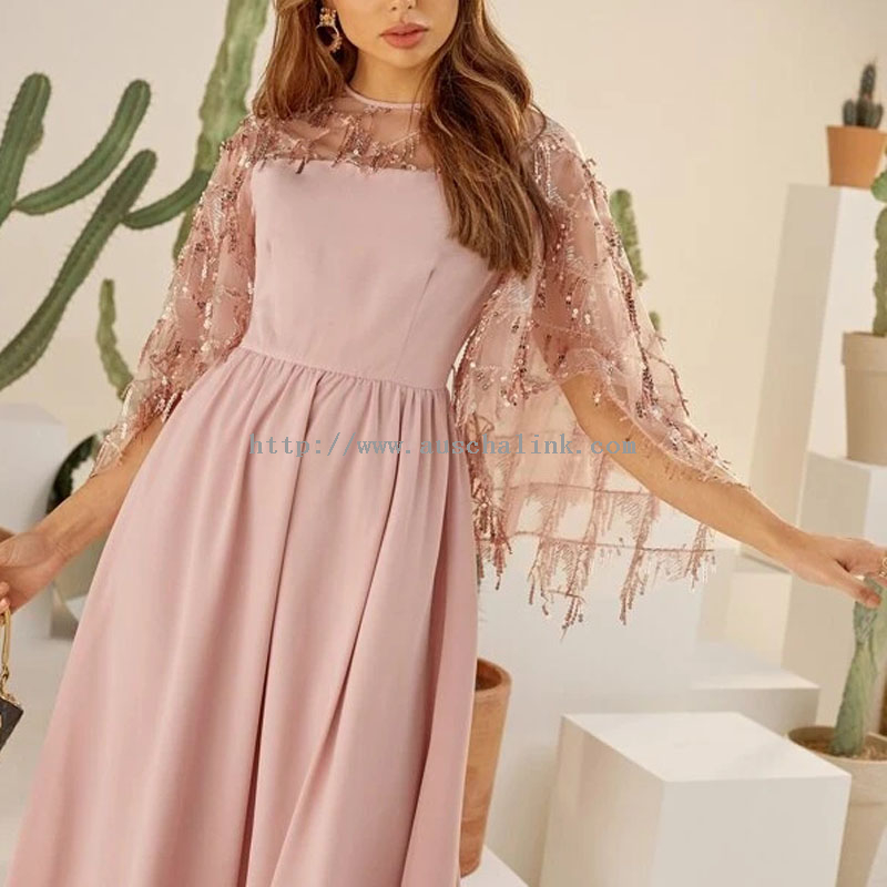 High Quality Round Neck Three Quarter Sleeves Contrast Sequin Mesh Smock Evening Dress for Women