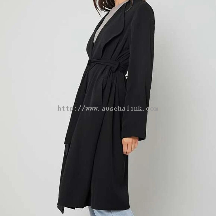 Fall/winter 2021 new waterfall collar diagonal pocket belt black long trench coat for women