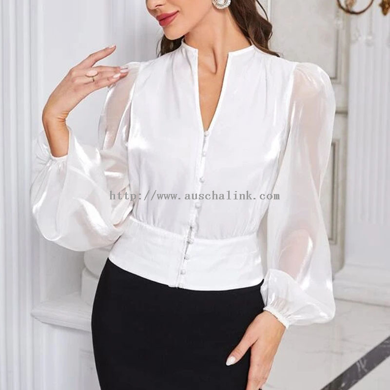 Custom Made White Corner Collar Button Front Lantern Sleeve Mesh Professional Shirt for Women