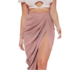 New Solid Color High Waist Ruffles High Slit Tight Mid Length Skirt for Women