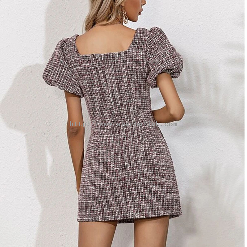New Spring And Summer Square Collar Bubble Sleeve Tweed High Waist Casual Elegant Dress for Women