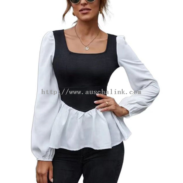 OEM/ODM Long sleeve square collar two color flounces flared elegant top for women