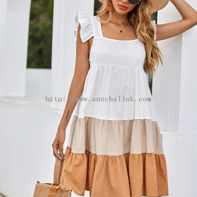 Summer New Square Collar Frilly Decorative Color Block Blouse Cotton Casual Dress Women