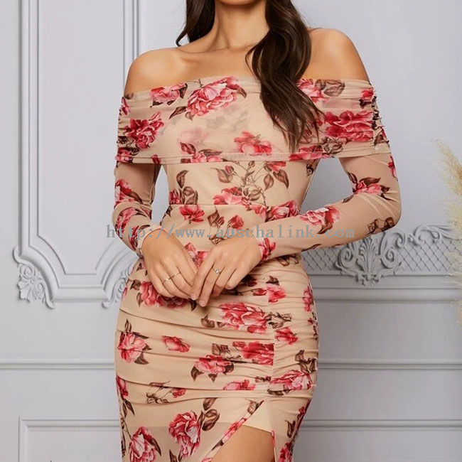 OEM/ODM High Waist Long Sleeve Floral Print Shoulder Slit Thigh Mesh Casual Dress for Women