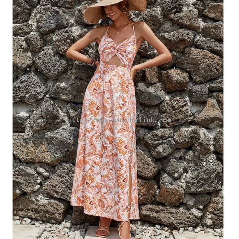 Summer New Sleeveless Twist Pleated Front Lace Back Floral Sling Slit Casual Dress for Women