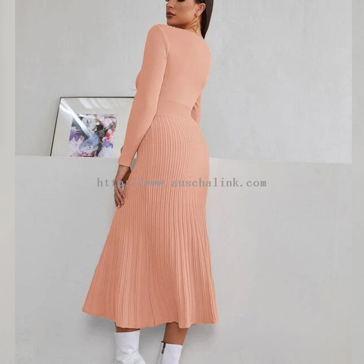 2022 New Design Long Sleeve V-neck High Waist Ribbed Knit Sweater Elegant Professional Dress for Women