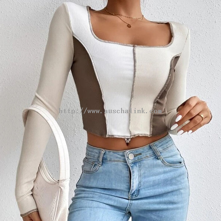 The 2022 New Long-sleeve Color Block Nail Square Collar Women's Crop Top for Women