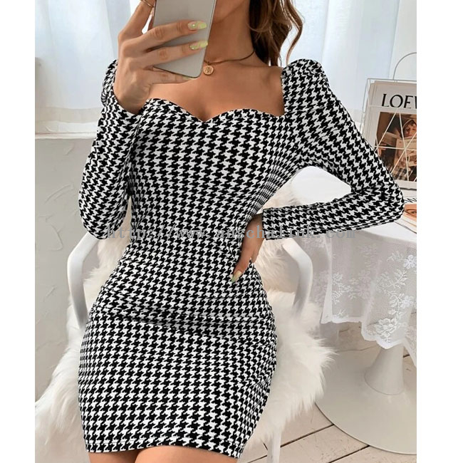 Spring And Autumn New Thousand Bird Case Printing Bubble Sleeve Tight Career Dress Women
