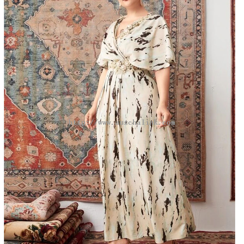 2022 Fashion Tie-dye Embroidered Applique Pearl Beaded Cape Sleeve Plus-size Dress for Women