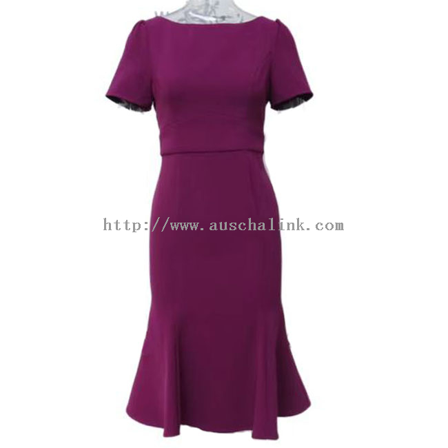 AUSCHALINK Design Short Sleeve Boat Neck Metal Zipper High Waist Lotus Leaf Hem Elegant Dress for Women