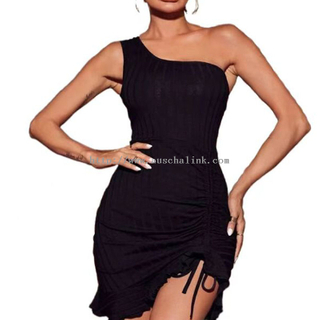 High Quality Sleeveless High Waist Ribbed Single Shoulder Ruffle Rope Sexy Dress for Women