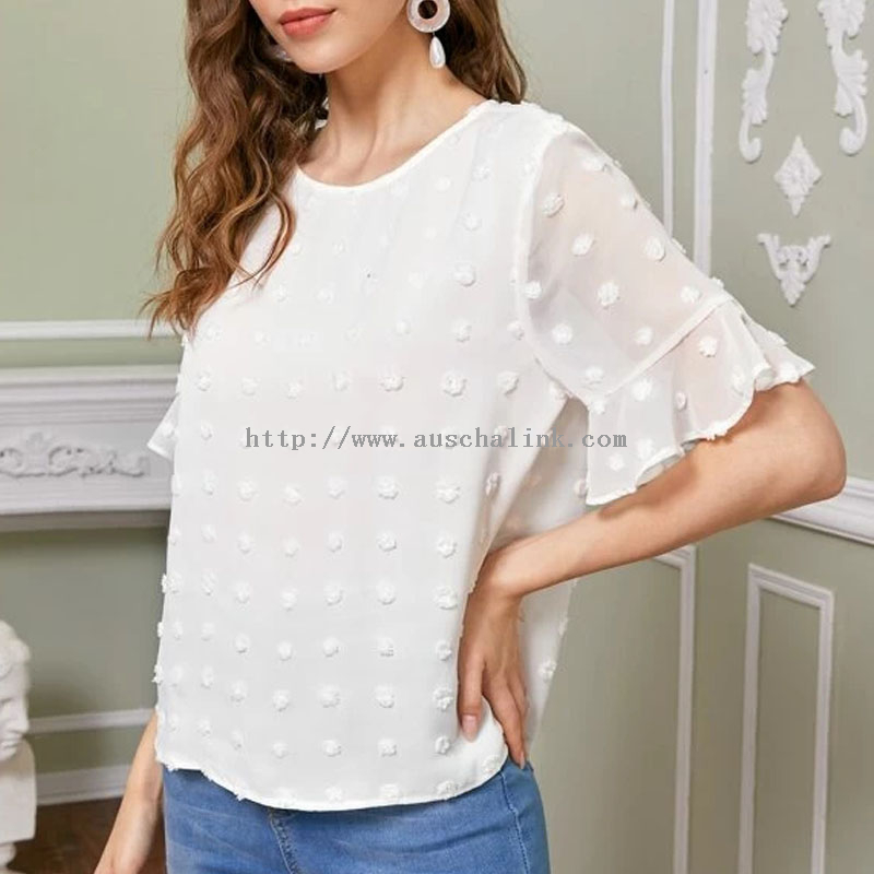 Custom White Round Collar Flounces Sleeve Swiss Polka Dot Button Fashion Top for Women