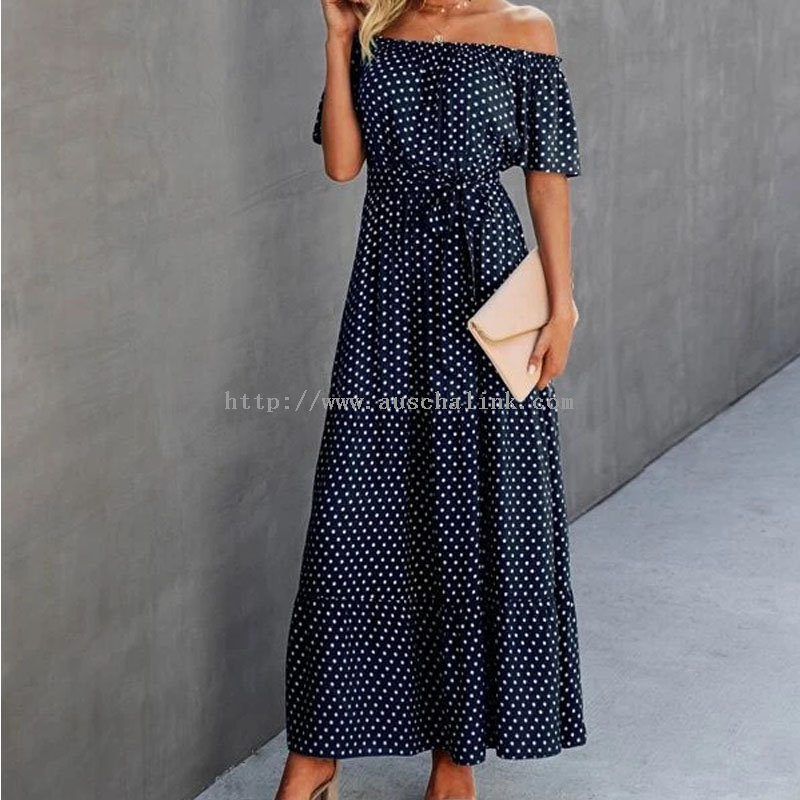 2022 New Short Sleeve Long Wave Point Off-the-shoulder Belt Casual Dress for Women