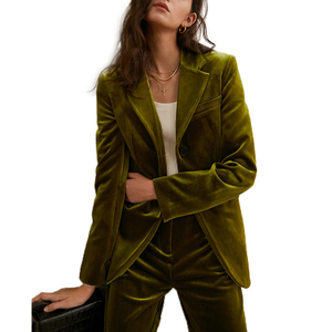 2022 Autumn Winter New Velvet Vintage Green Suit Wide-Leg Pants Two-Piece Set For Women