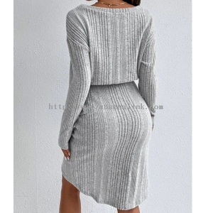2022 New Ribbed Knit Round Collar Off Shoulder Wrap Knot Decorative Side Dress Casual Dress for Women