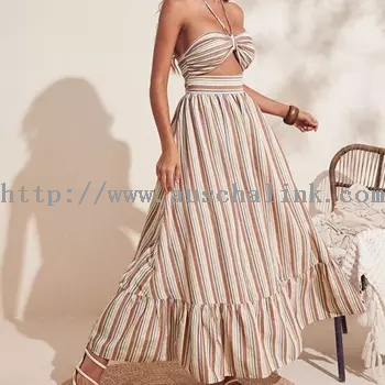 The New Design Hangs Neck Hollow-out Detail Stripe Flounces The Hem Halter Belt Leisure Dress Woman